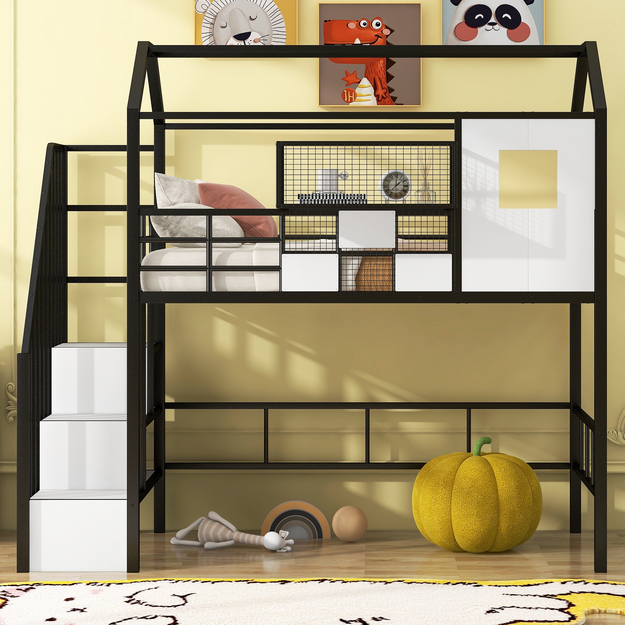 Metal Loft Bed with roof design and a storage box, Twin, Black - Atlantic Fine Furniture Melbourne FL