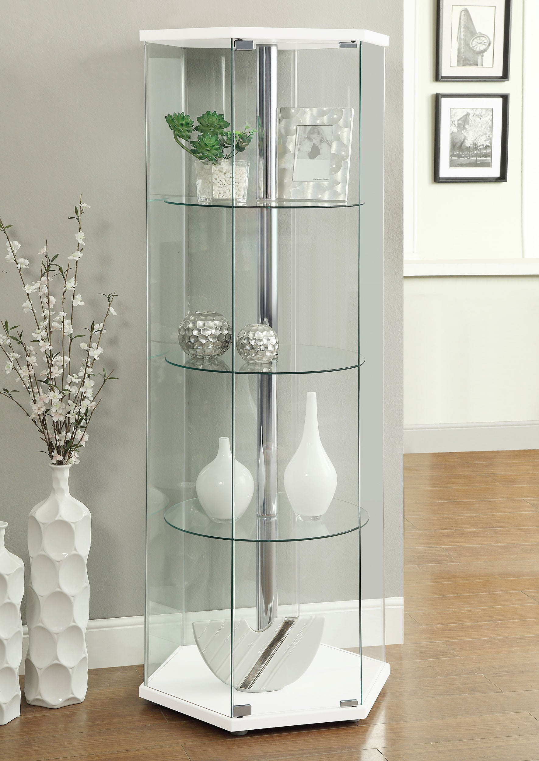 Zahavah 4-shelf Hexagonal Clear Glass Curio Cabinet White — view 2