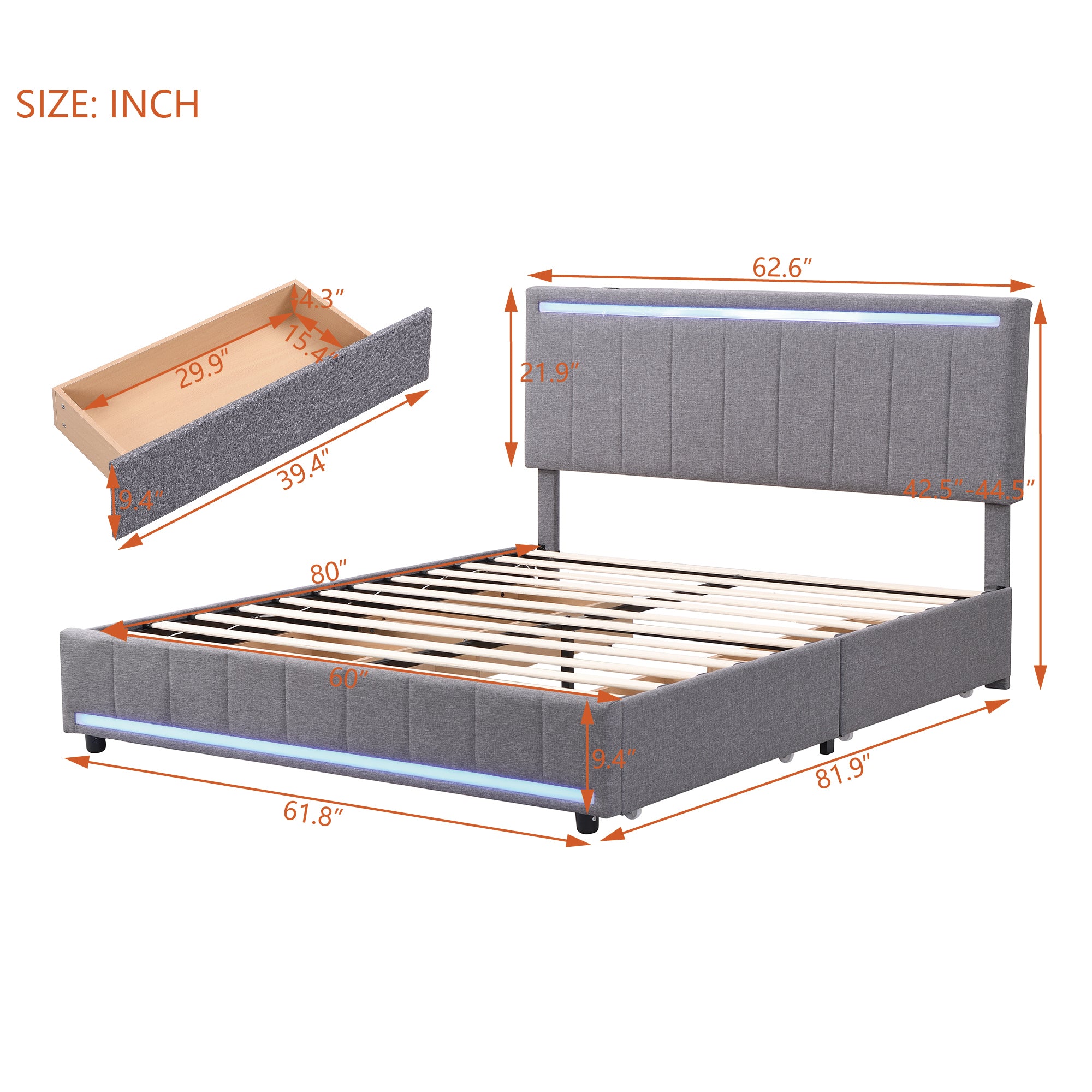 Queen Size Upholstered Bed with LED Light and 4 Drawers,  Modern Platform Bed with a set of Sockets and USB Ports, Linen Fabric, Beige - Atlantic Fine Furniture Melbourne FL