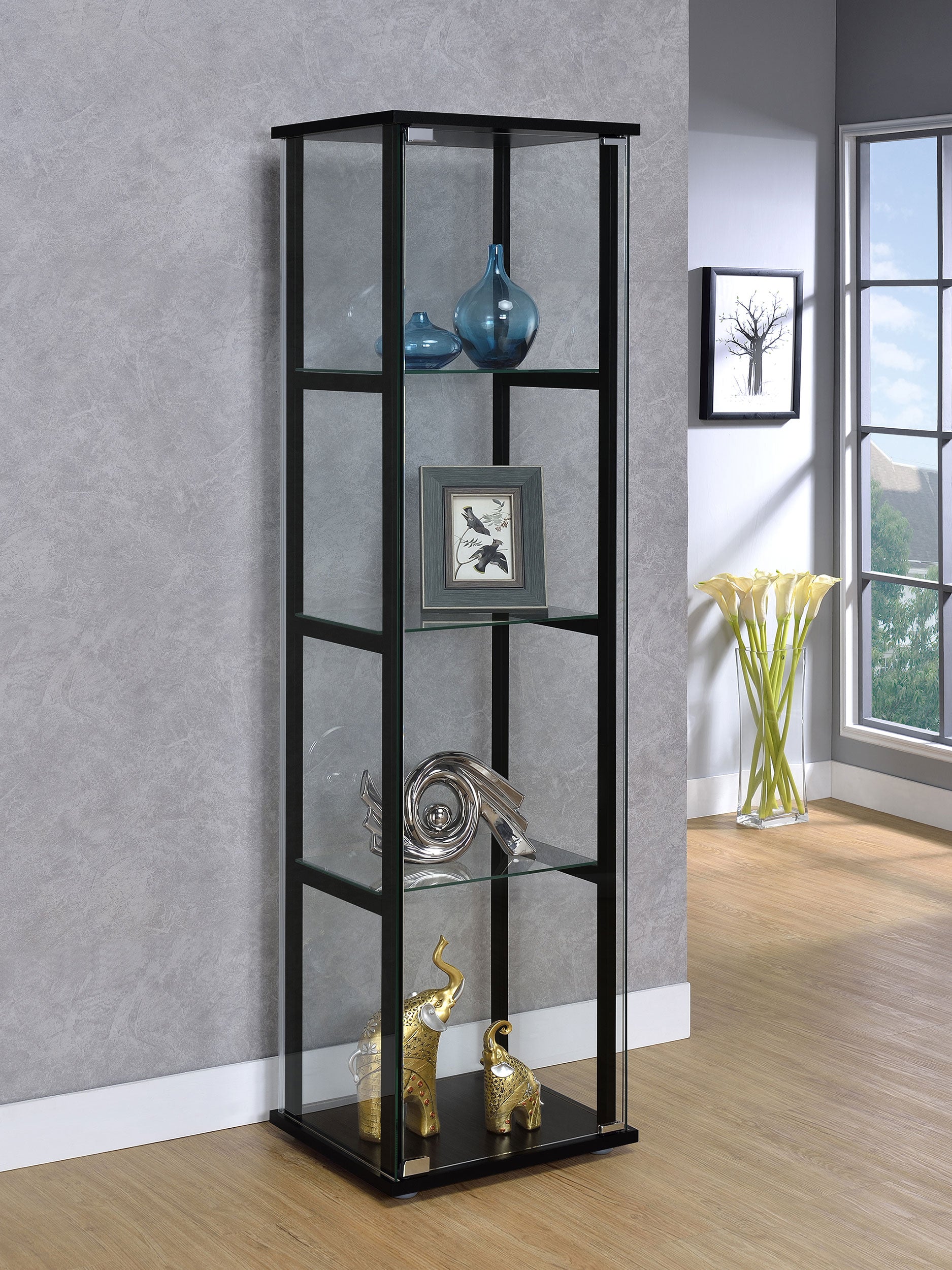 Cyclamen 4-shelf Clear Glass Curio Display Cabinet Black — view 2