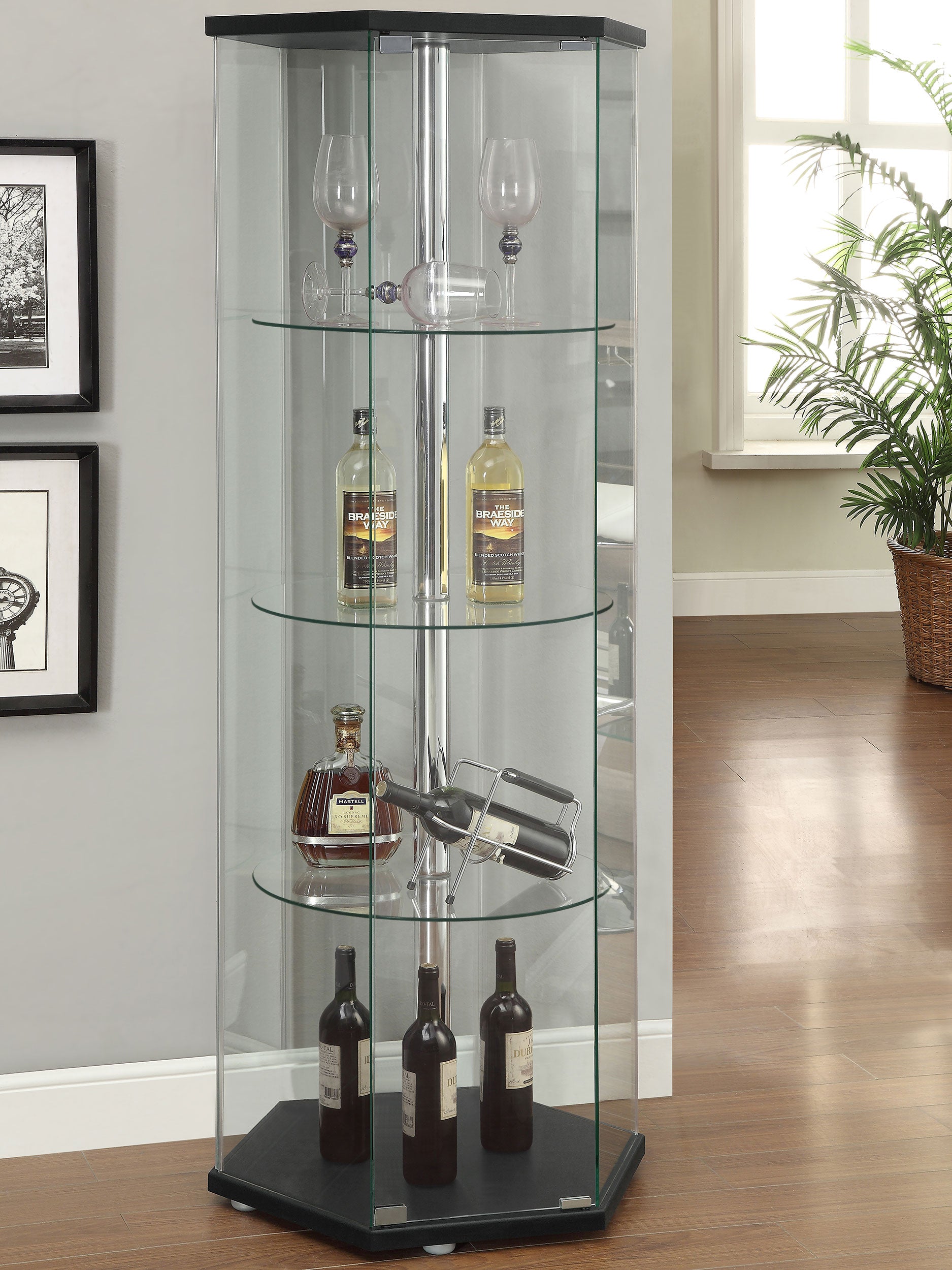 Zahavah 4-shelf Hexagonal Clear Glass Curio Cabinet Black — view 2