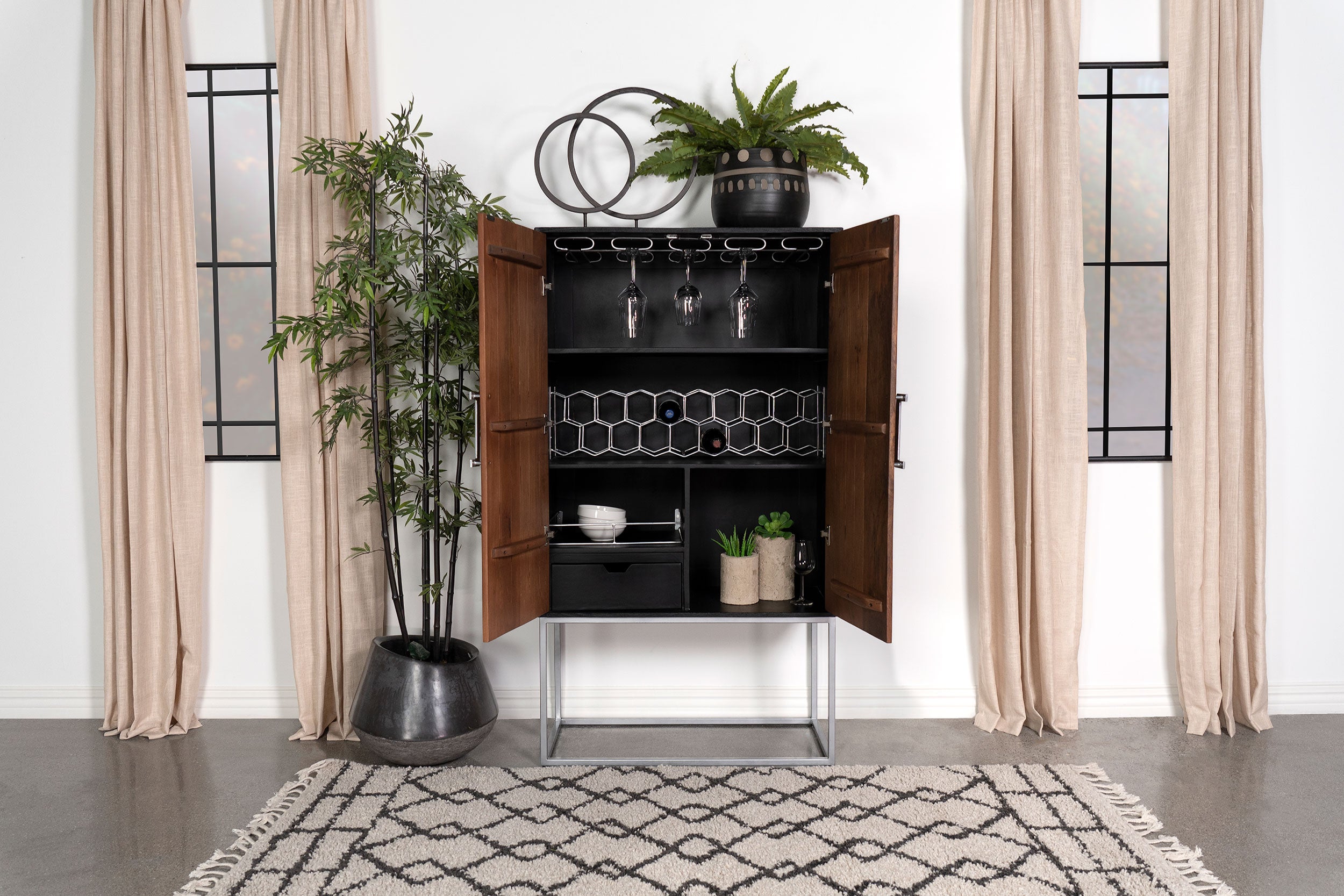 Borman 2-door Home Bar Cabinet Wine Storage Walnut and Black — view 3