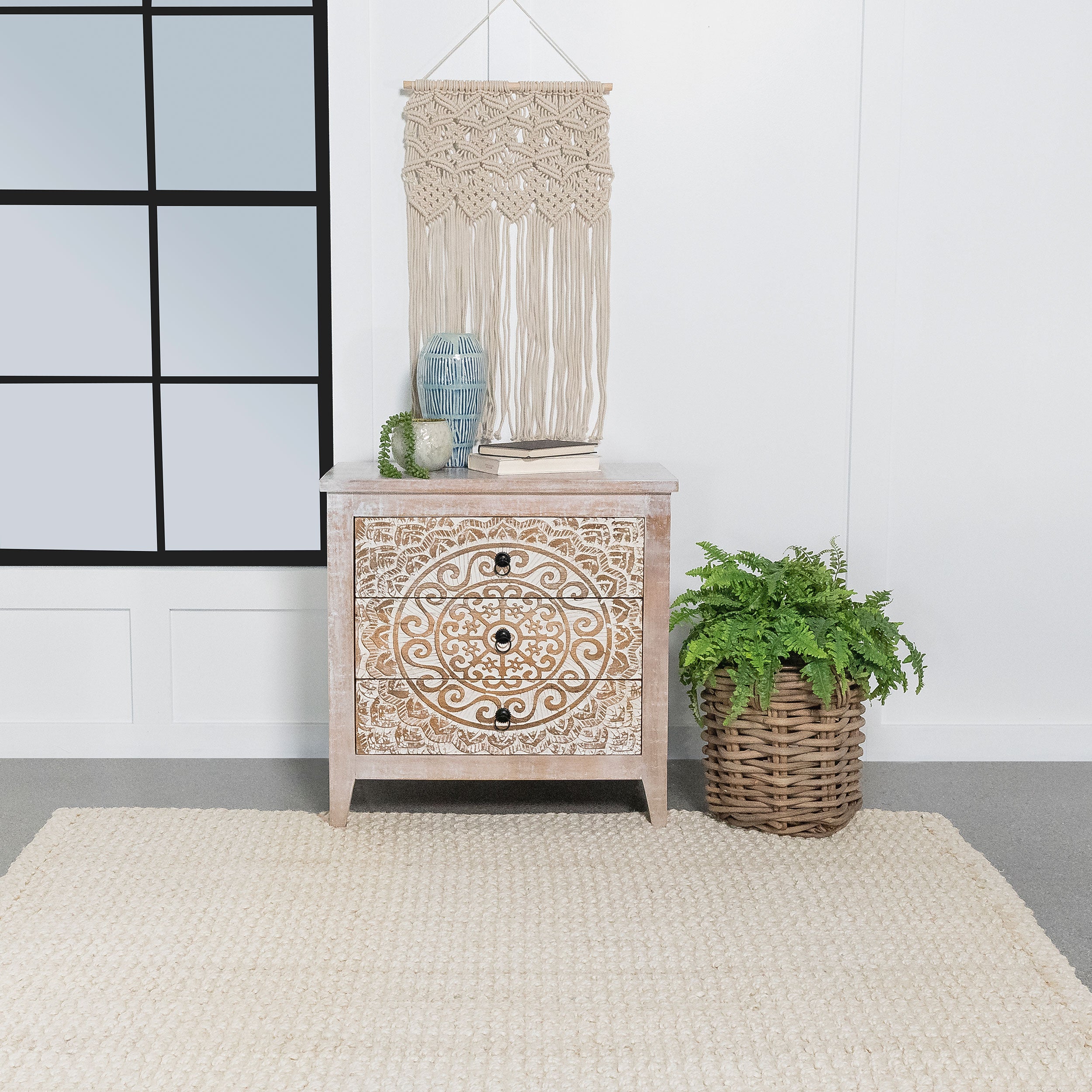 Mariska 3-drawer Wood Mandala Cabinet Distressed White — view 2