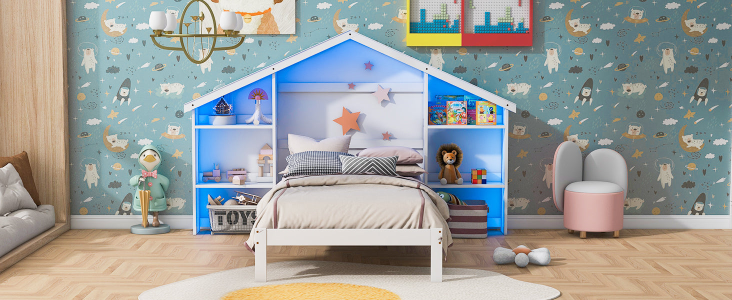 Wood Twin Size Platform Bed with House-shaped Storage Headboard and Built-in LED, White - Atlantic Fine Furniture Melbourne FL