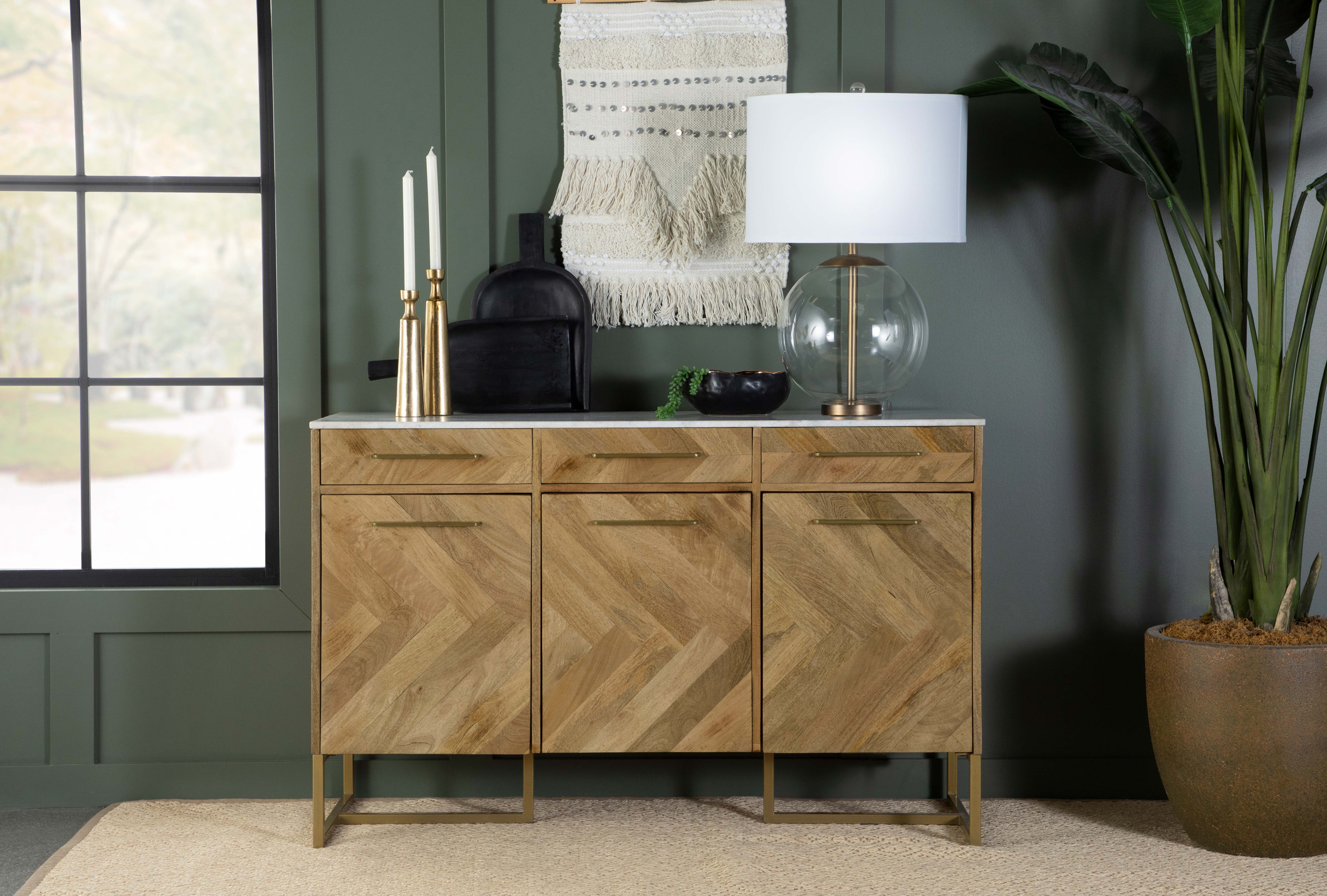 Keaton 3-door Marble Top Herringbone Accent Cabinet Natural — view 2