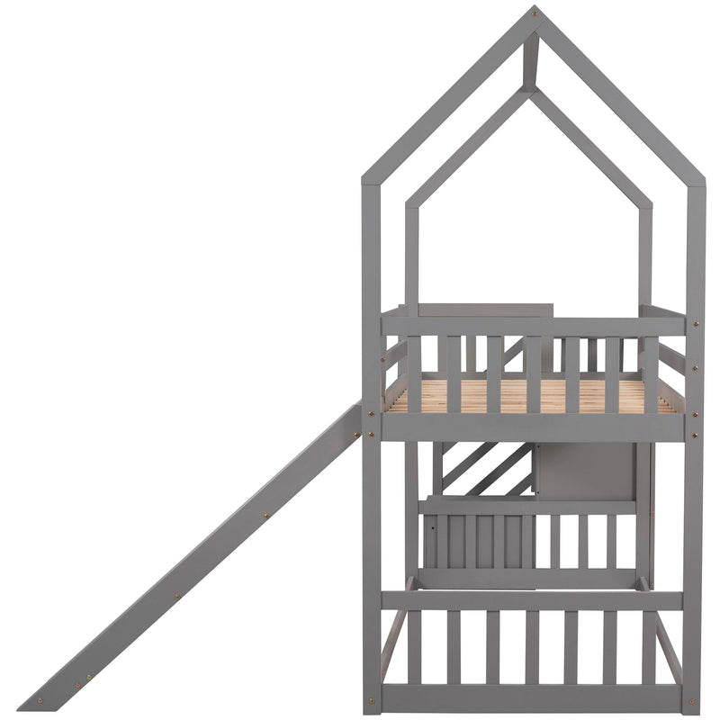 Twin over Twin House Bunk Bed with Convertible Slide,Storage Staircase can be Placed Left or Right,Gray