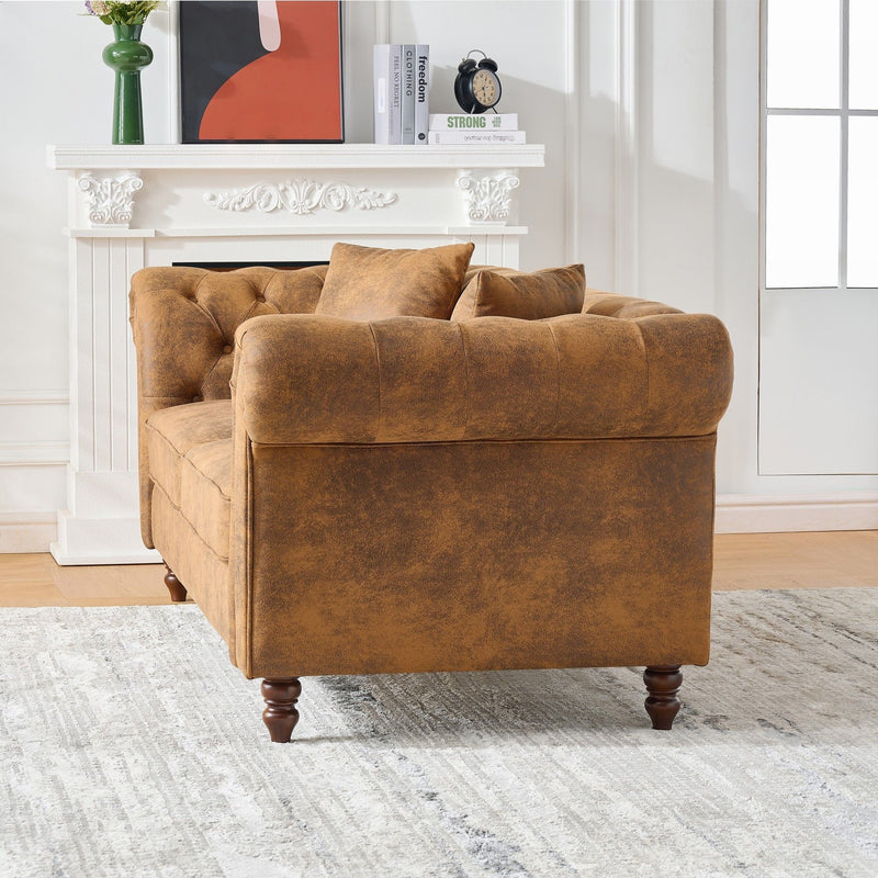 Chesterfield Sofa, High Roll Armrest Sofa, Upholstered Mid Century Modern Couch, 3 Seater Couch - Brown