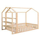 Full Size Wood House Bed with Fence and Detachable Storage Shelves, Natural