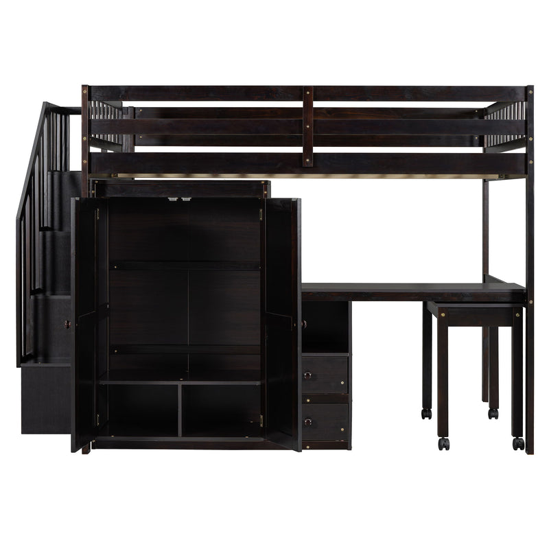 Loft Bed With Stairs, Bookshelf, Drawers, Desk & Wardrobe, Space Saving Multifunctional Furniture