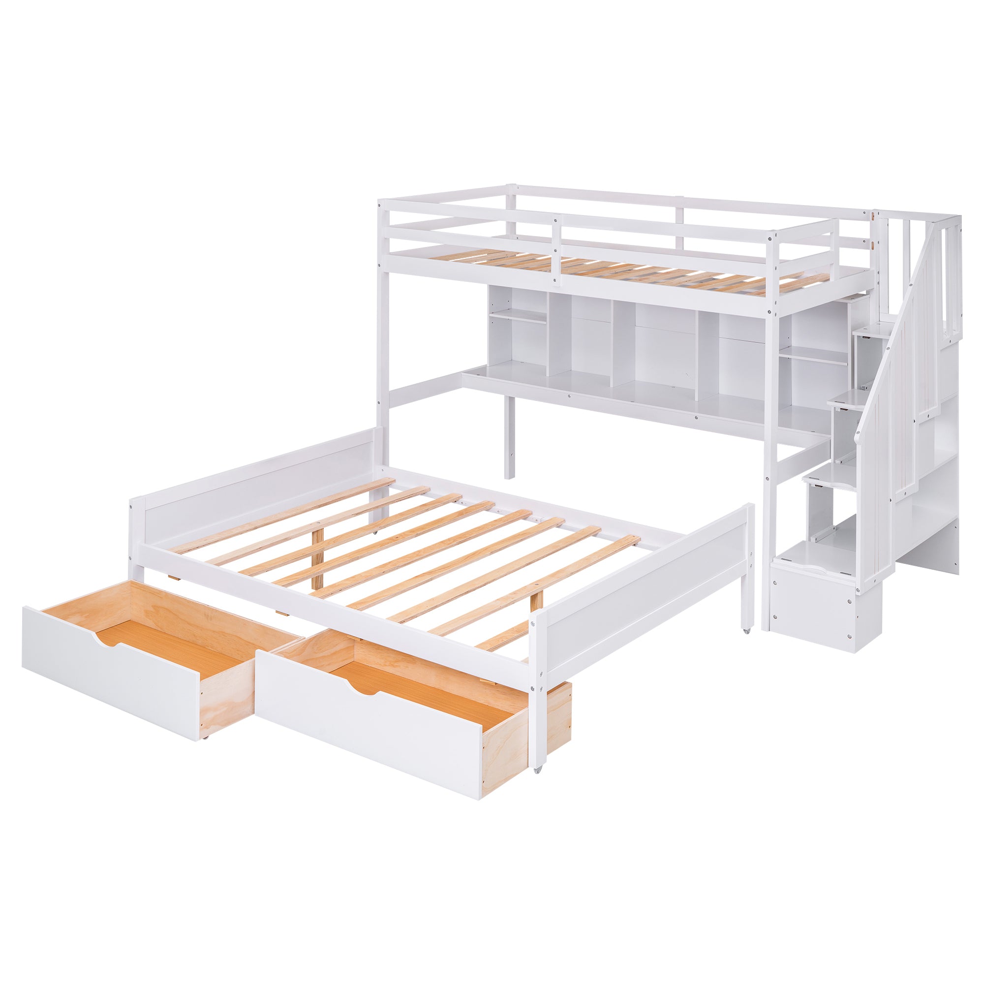 Twin XL over Full Bunk Bed with Built-in Storage Shelves, Drawers and Staircase,White - Atlantic Fine Furniture Melbourne FL