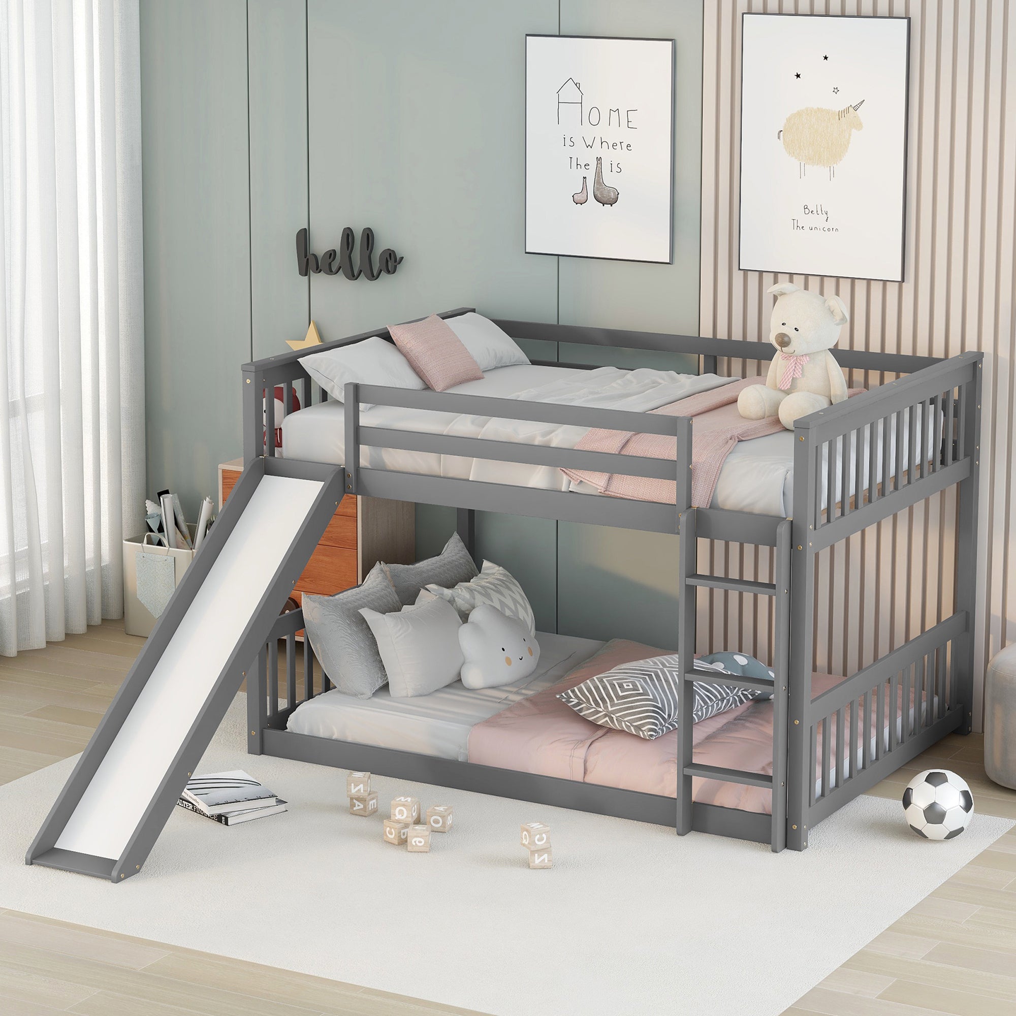 Full over Full Bunk Bed with Slide and Ladder in Grey Color
