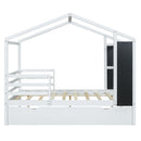 Full Size Wood House Bed with Fence and Writing Board, White