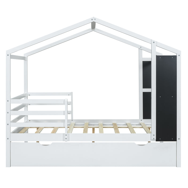 Full Size Wood House Bed with Fence and Writing Board, White