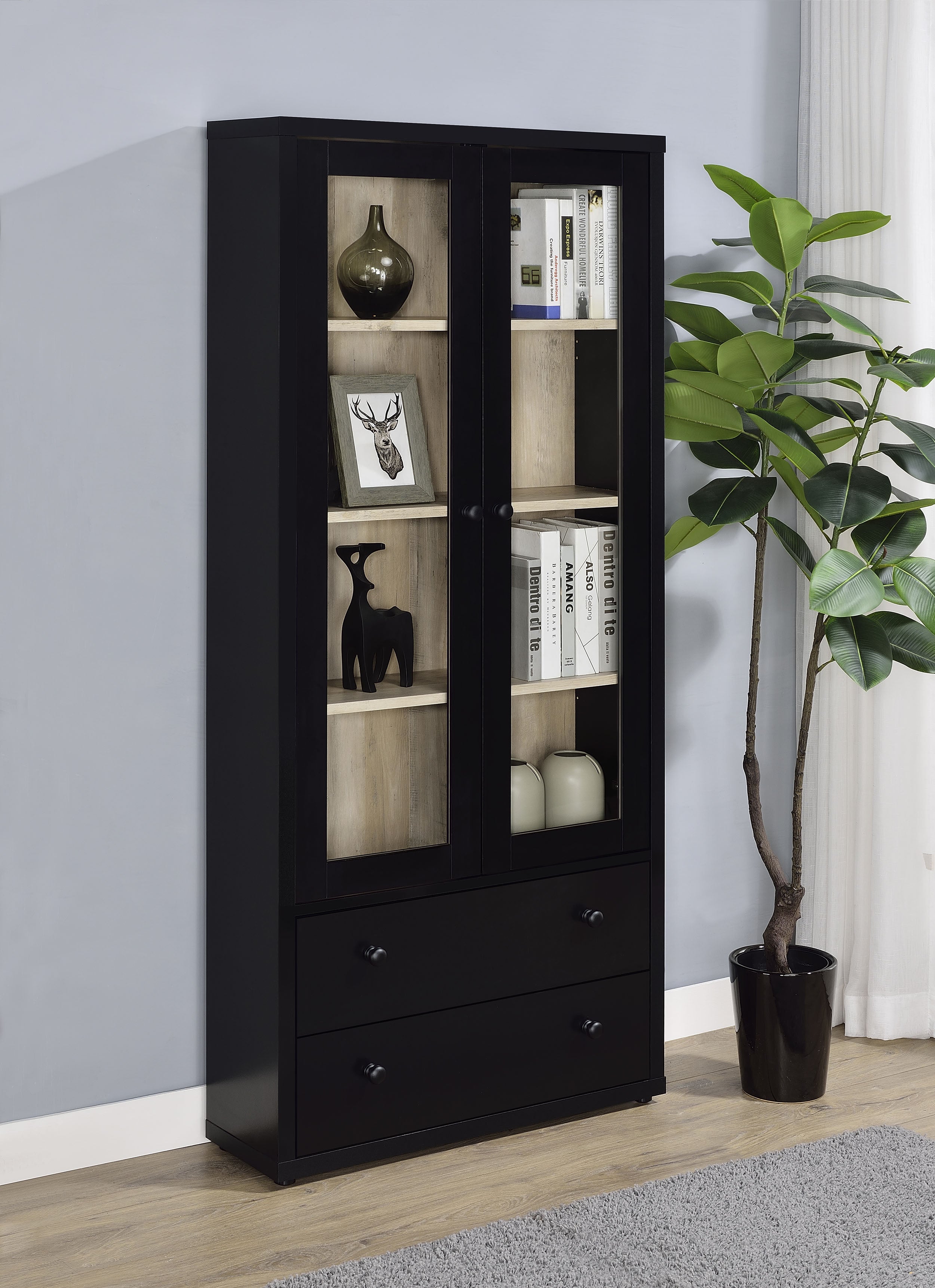 Hawthorne 4-shelf Glass Door Cabinet with Drawers Black — view 2