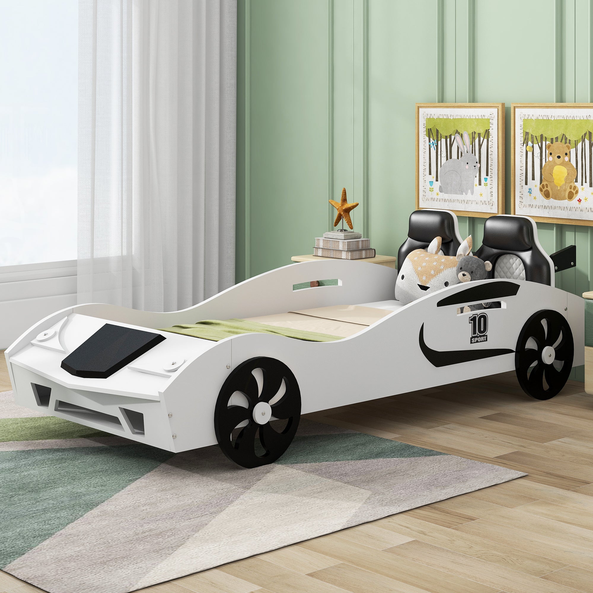 Twin Size Race Car-Shaped Platform Bed with Upholstered Backrest and Storage, White - Atlantic Fine Furniture Melbourne FL