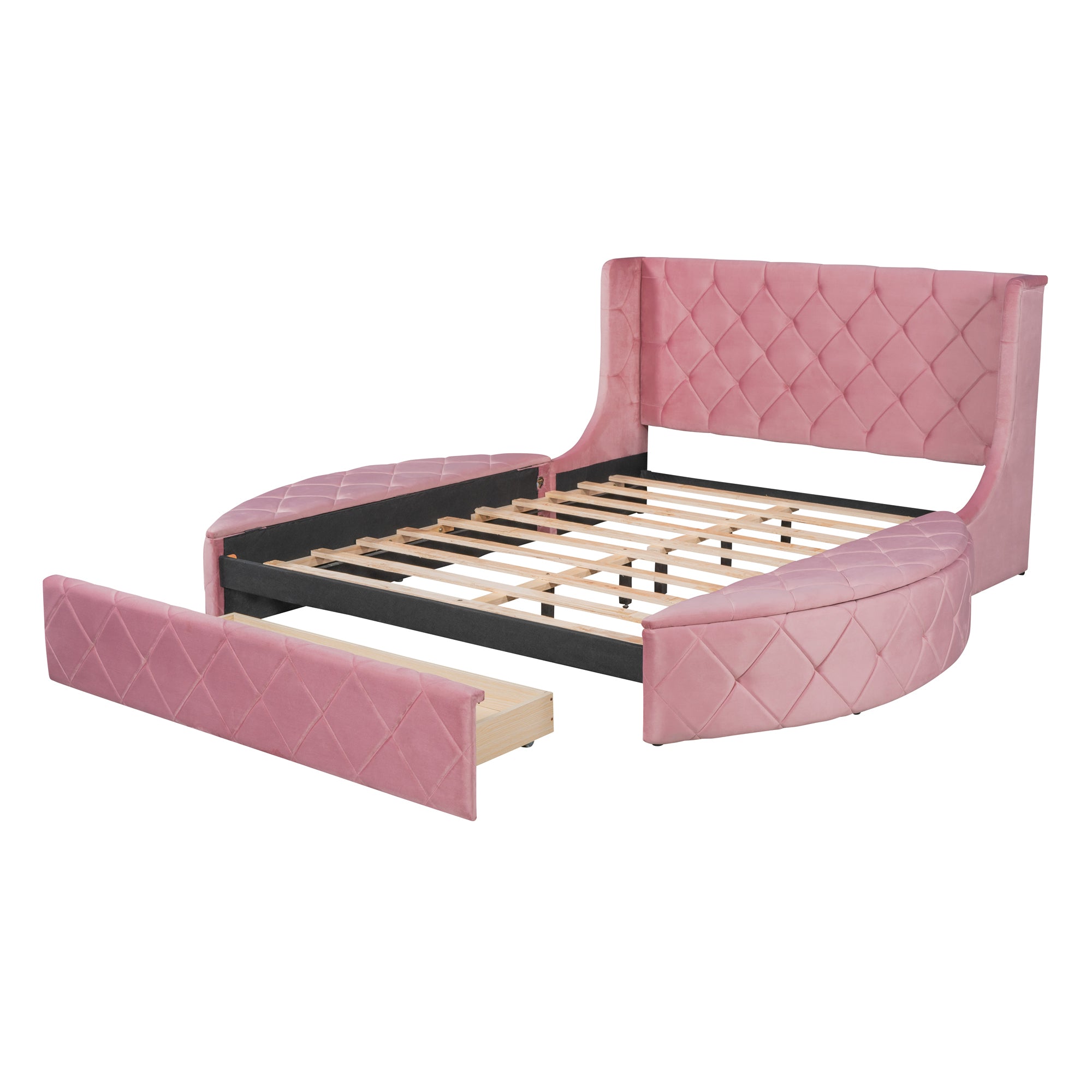 Upholstered Platform Bed Queen Size Storage Velvet Bed with Wingback Headboard and 1 Big Drawer,2 Side Storage Stool(Pink) - Atlantic Fine Furniture Melbourne FL