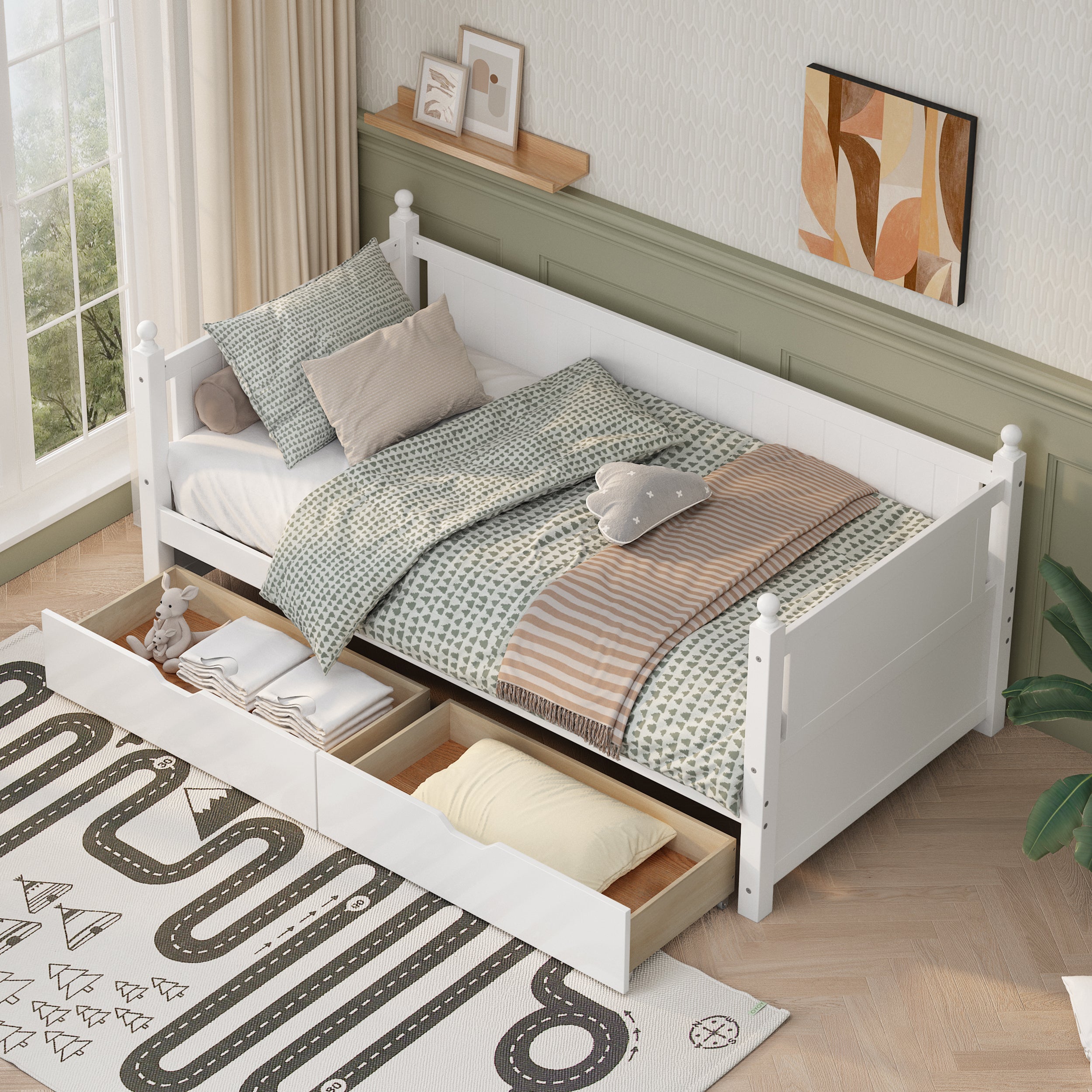 Twin Size Solid Wood Daybed with 2 drawers for Limited Space Kids, Teens, Adults, No Need Box Spring, White - Atlantic Fine Furniture Melbourne FL