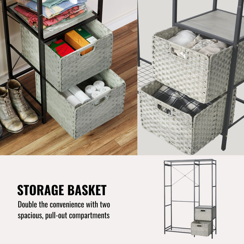 Garment Rack With Shelves, 2 Wicker Drawers, 4 Hooks, Organizer