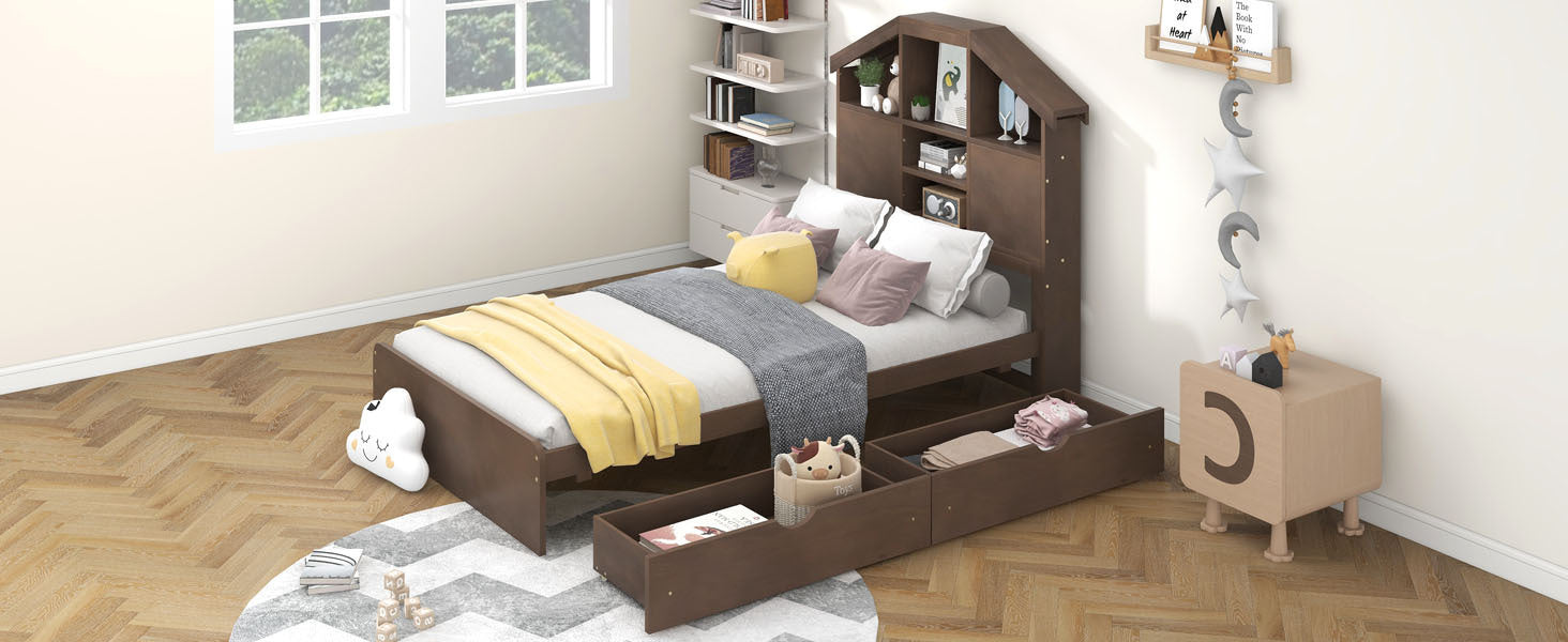 Twin Size Wood Platform Bed with House-shaped Storage Headboard and 2 Drawers, Walnut - Atlantic Fine Furniture Melbourne FL