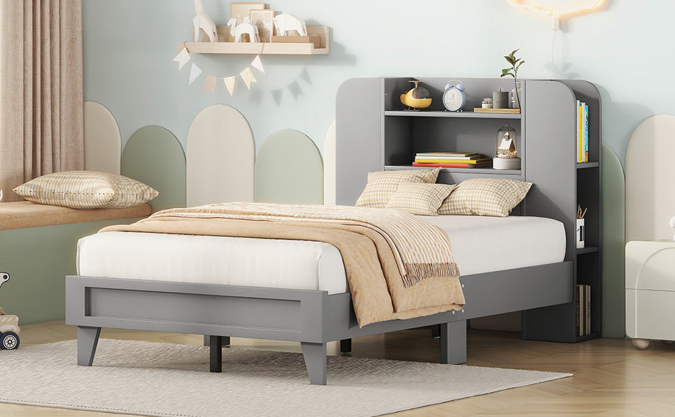 Twin Size Platform Bed with Storage Headboard,Multiple Storage Shelves on Both Sides,Grey - Atlantic Fine Furniture Melbourne FL