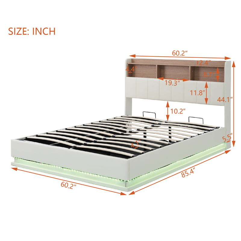 Queen Size  Upholstered Platform Bed with Storage Headboard and Hydraulic Storage System, PU Storage Bed with LED Lights and USB charger, White