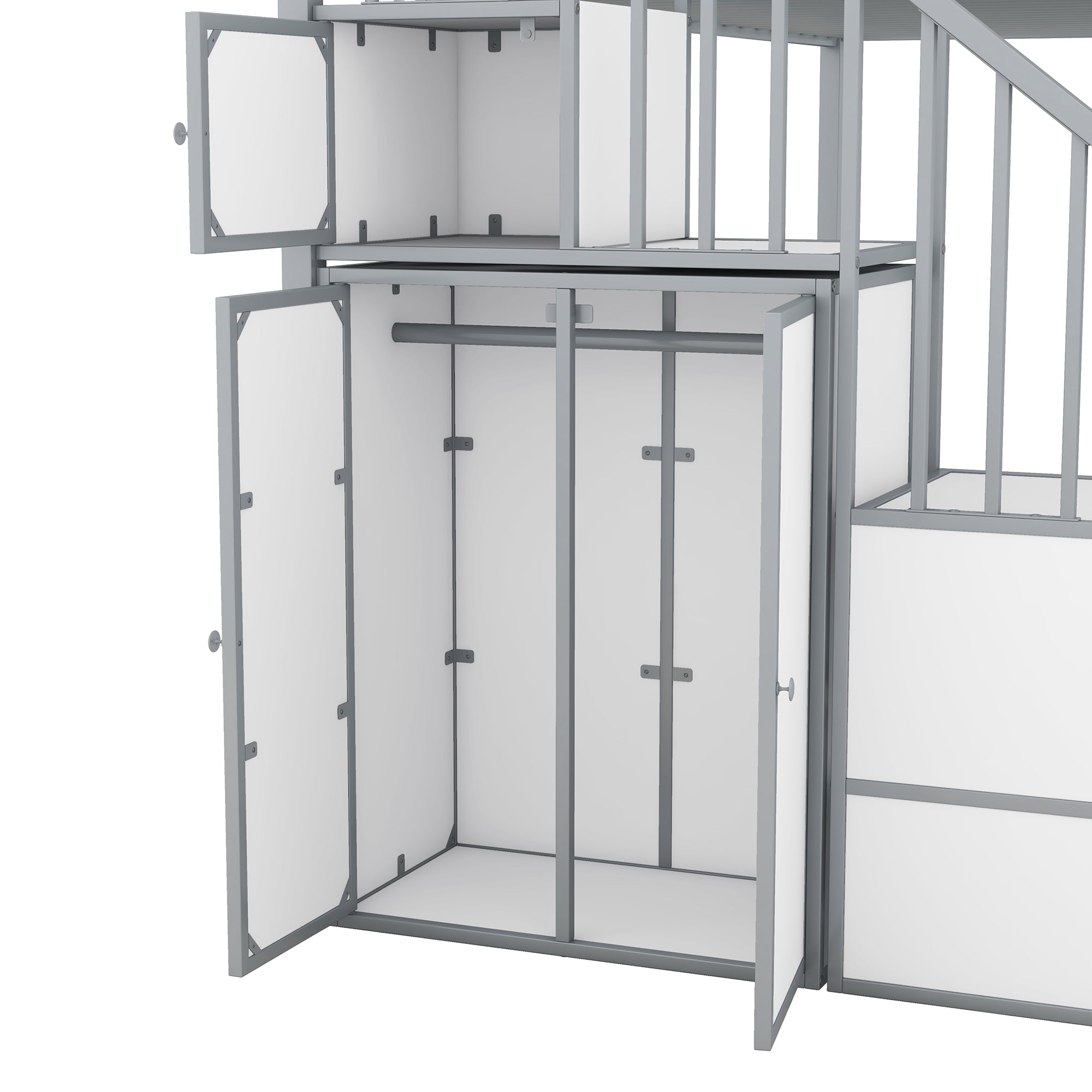 Metal Twin over Twin Castle-shaped Bunk Bed with Wardrobe and Multiple Storage, Gray+White - Atlantic Fine Furniture Melbourne FL