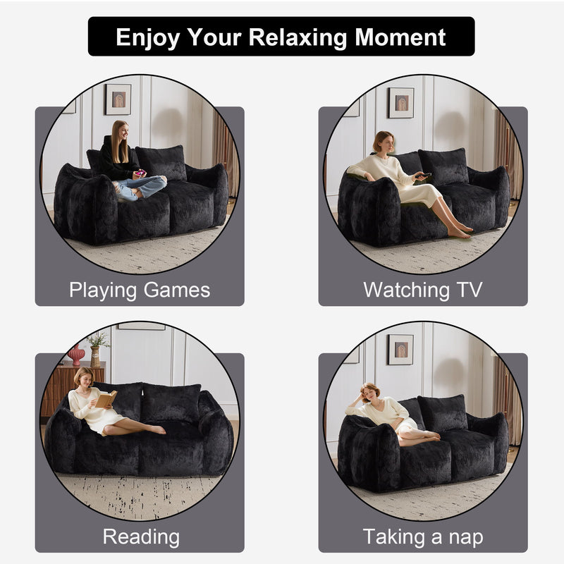 Giant Bean Bag Couch, Ultra Soft Fluffy Loveseat For Living Room Reading Chair With Pillows - Black