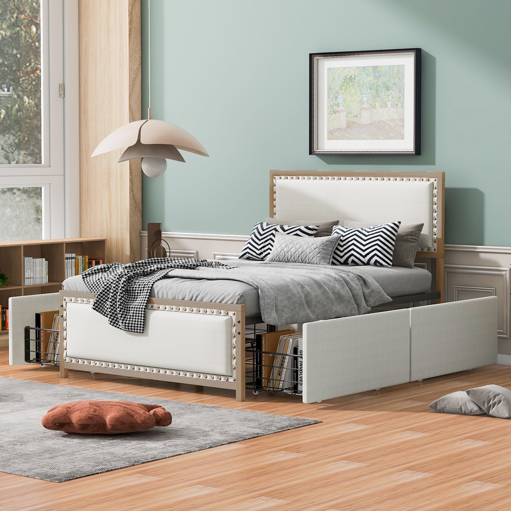 Full Size Upholstered Platform Bed with Nailhead Decoration and 4 Drawers, Brown - Atlantic Fine Furniture Melbourne FL