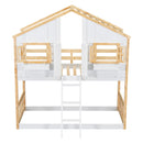 House Bunk Bed With Roof, Window, Window Box, Door, With Safety Guardrails And Ladder