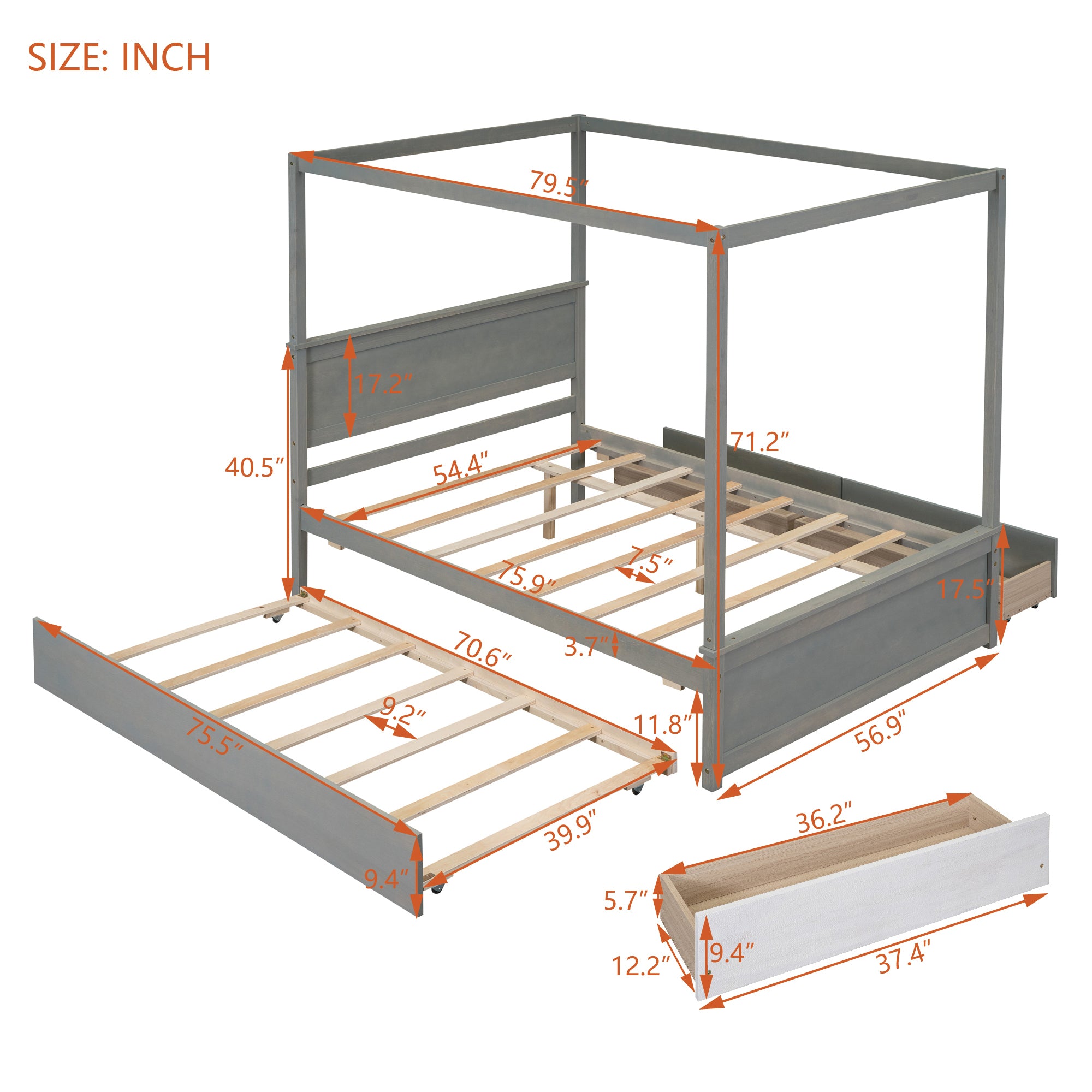 Wood Canopy Bed with Trundle Bed and two Drawers ,Full Size Canopy Platform bed With Support Slats .No Box Spring Needed, Brushed Gray - Atlantic Fine Furniture Melbourne FL