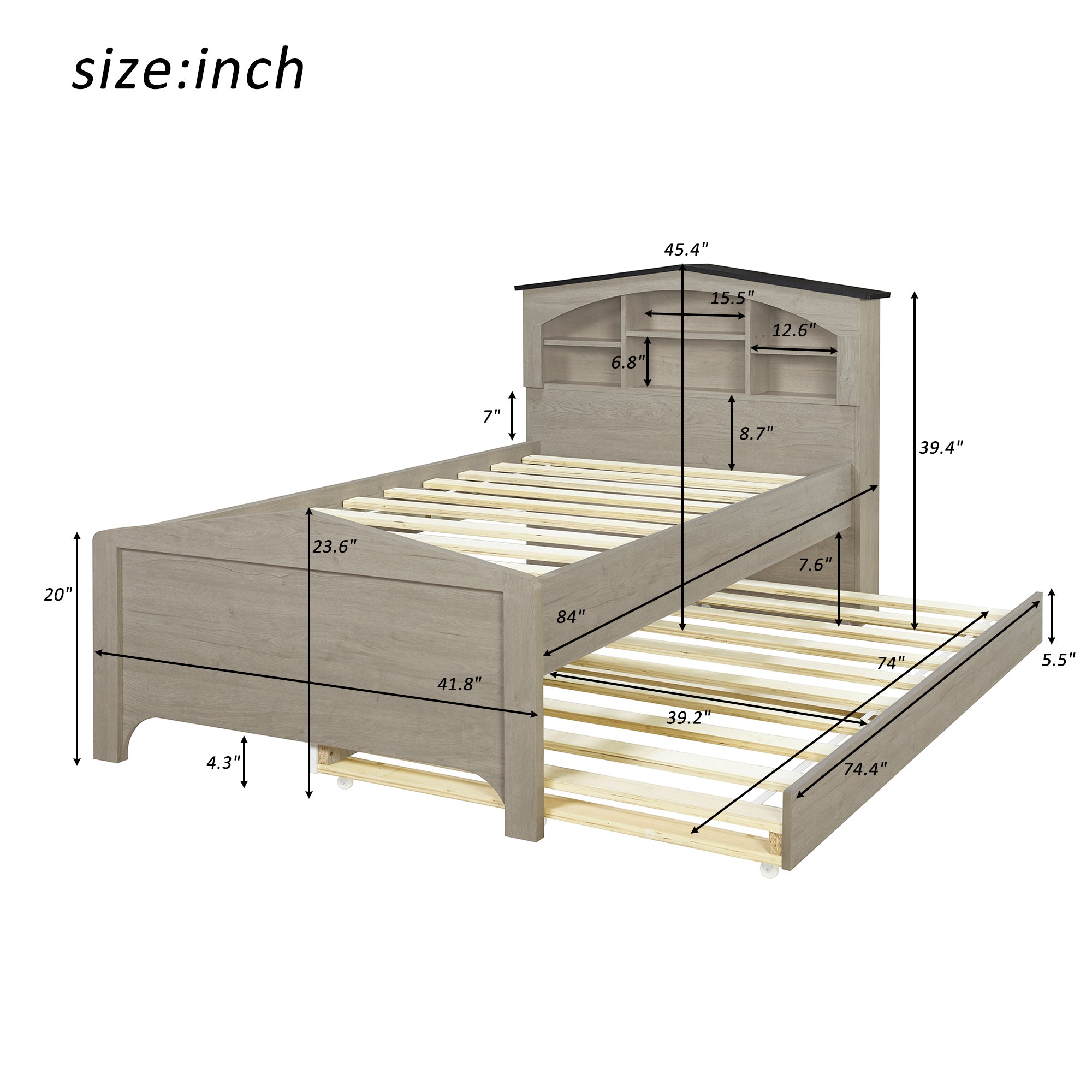 Twin Size Wood Platform Bed with House-shaped Storage Headboard and Trundle, Gray - Atlantic Fine Furniture Melbourne FL