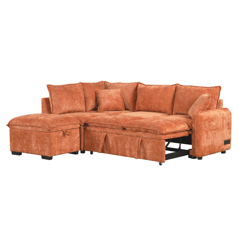 Convertible Sofa Bed Sectional Sofa Sleeper L-Shaped Sofa With A Storage Ottoman, Two Pillows, Two Power Sockets And Two USB Ports For Living Room