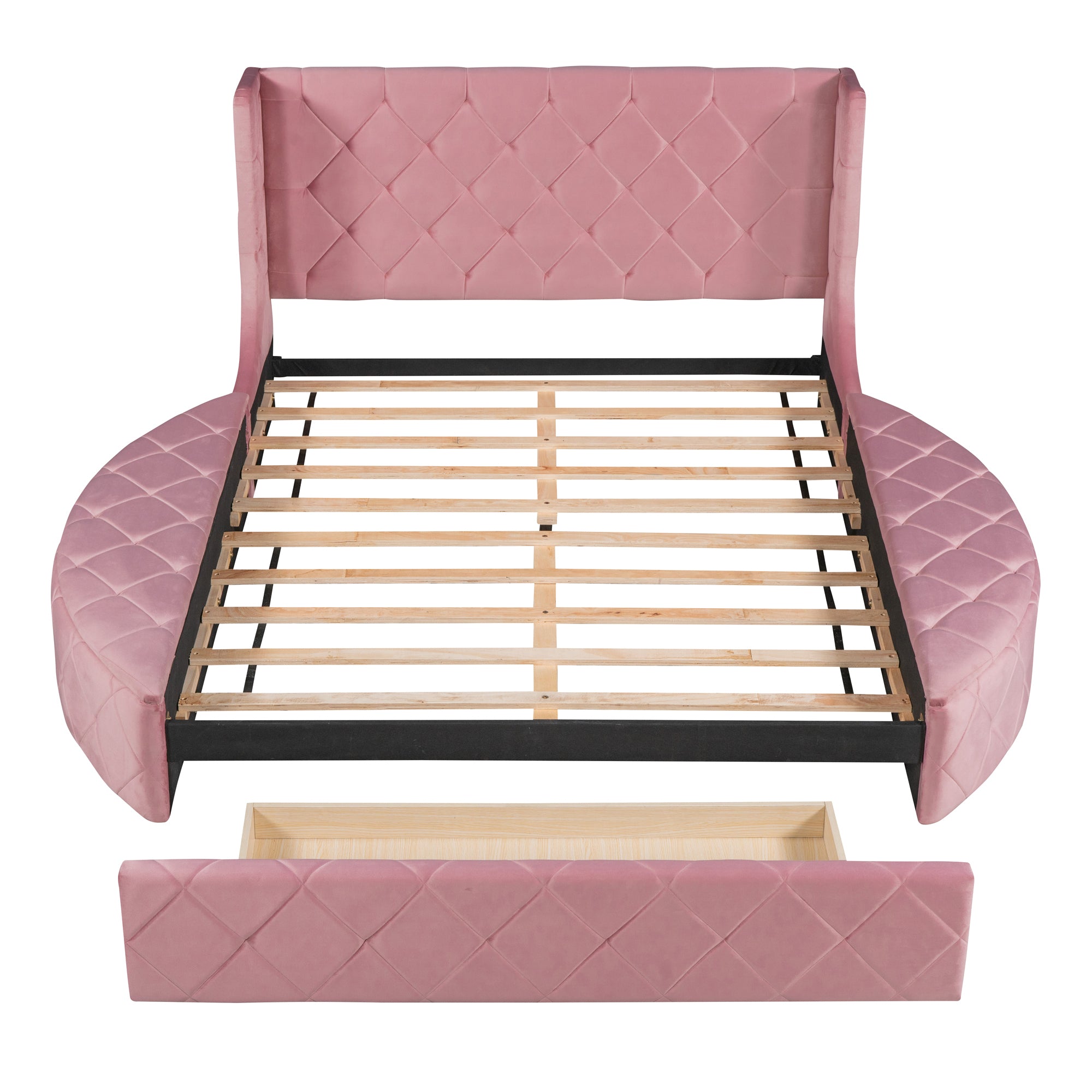 Upholstered Platform Bed Queen Size Storage Velvet Bed with Wingback Headboard and 1 Big Drawer,2 Side Storage Stool(Pink) - Atlantic Fine Furniture Melbourne FL