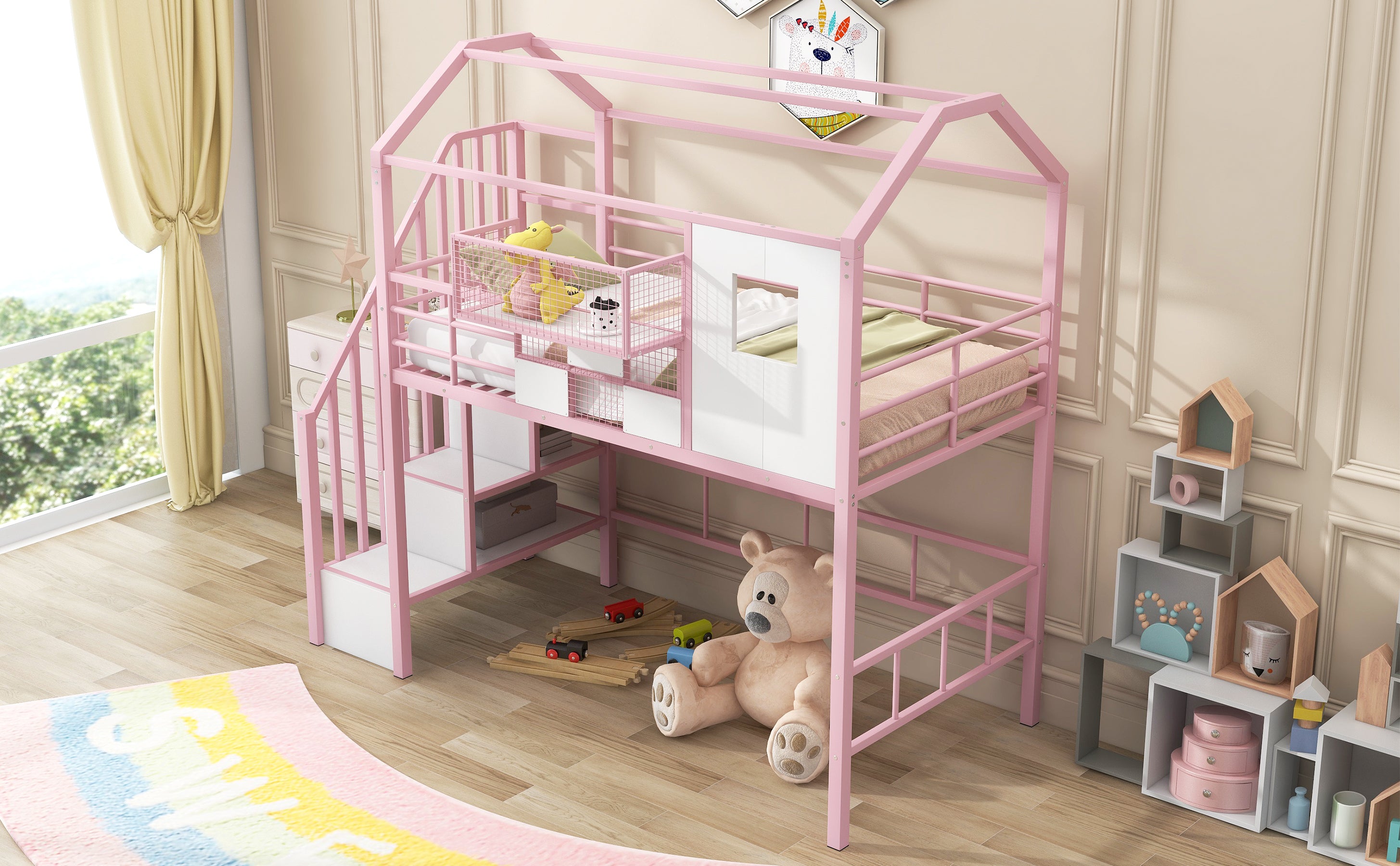 Metal Loft Bed with roof design and a storage box, Twin, Pink - Atlantic Fine Furniture Melbourne FL