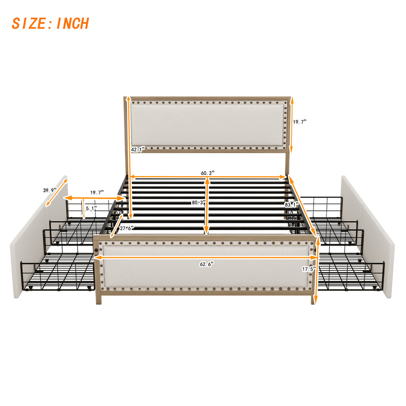 Queen Size Upholstered Platform Bed with Nailhead Decoration and 4 Drawers, Brown