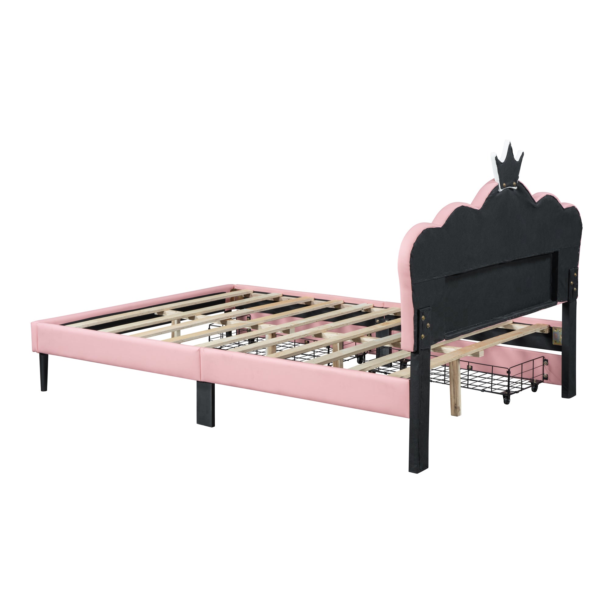 Full Size Princess Bed With Crown Headboard and 2 Drawers, Full size Platform Bed with Headboard and Footboard,White+Pink