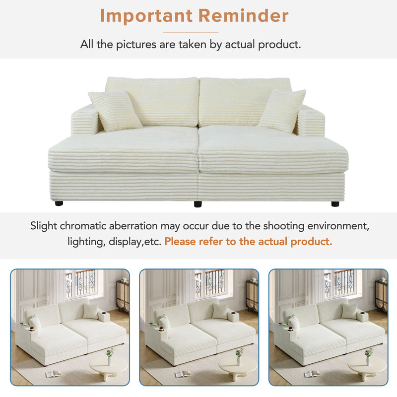 Oversized Loveseat Chaise With 2 USB Ports, 2 Cup Holders And 2 Throw Pillows