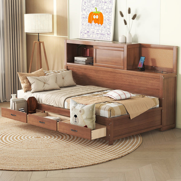 Twin Size Wooden Daybed with 3 Storage Drawers, Upper Soft Board, shelf, and a set of Sockets and USB Ports, Brown