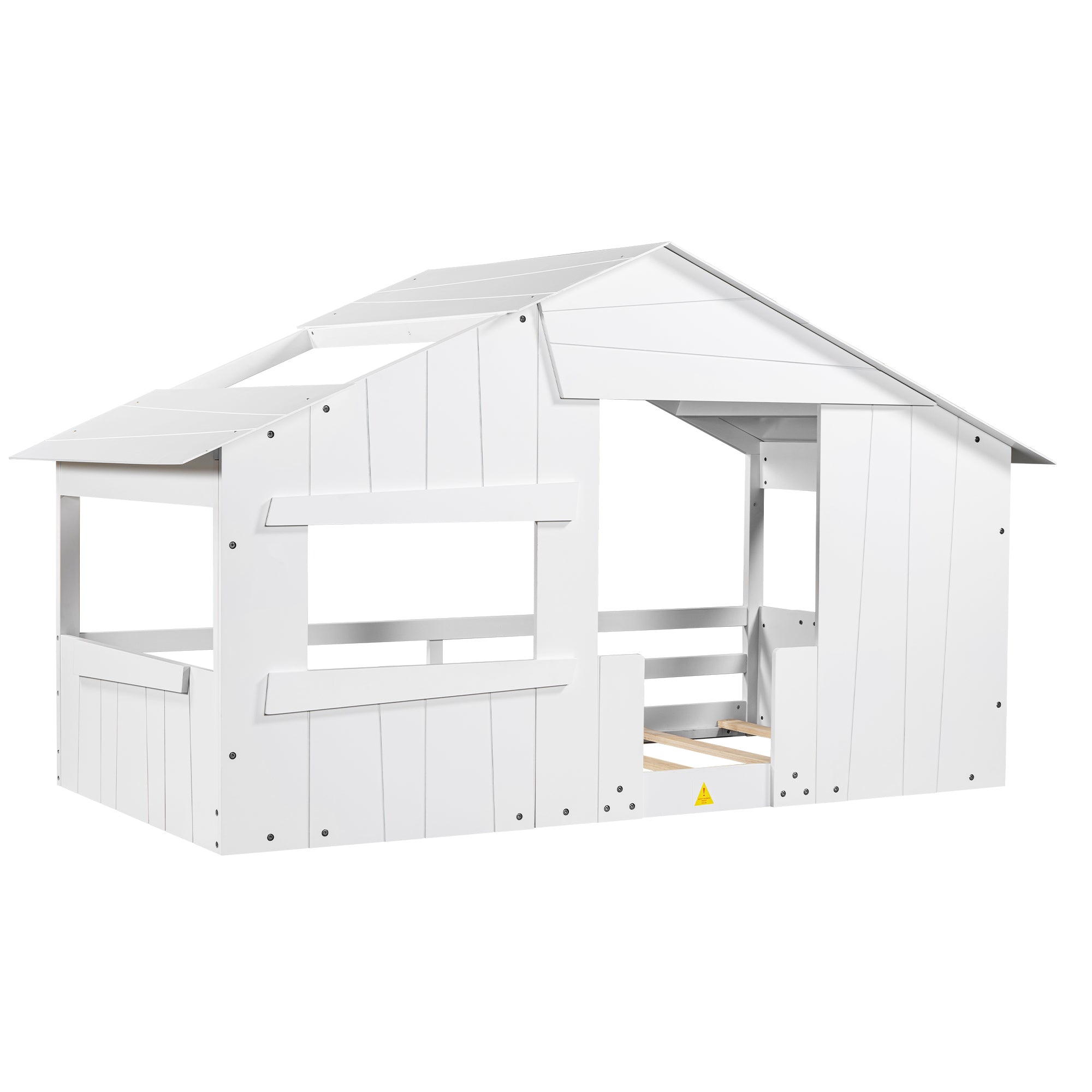 Wood Twin Size House Bed with Roof, Window and Guardrail, White - Atlantic Fine Furniture Melbourne FL