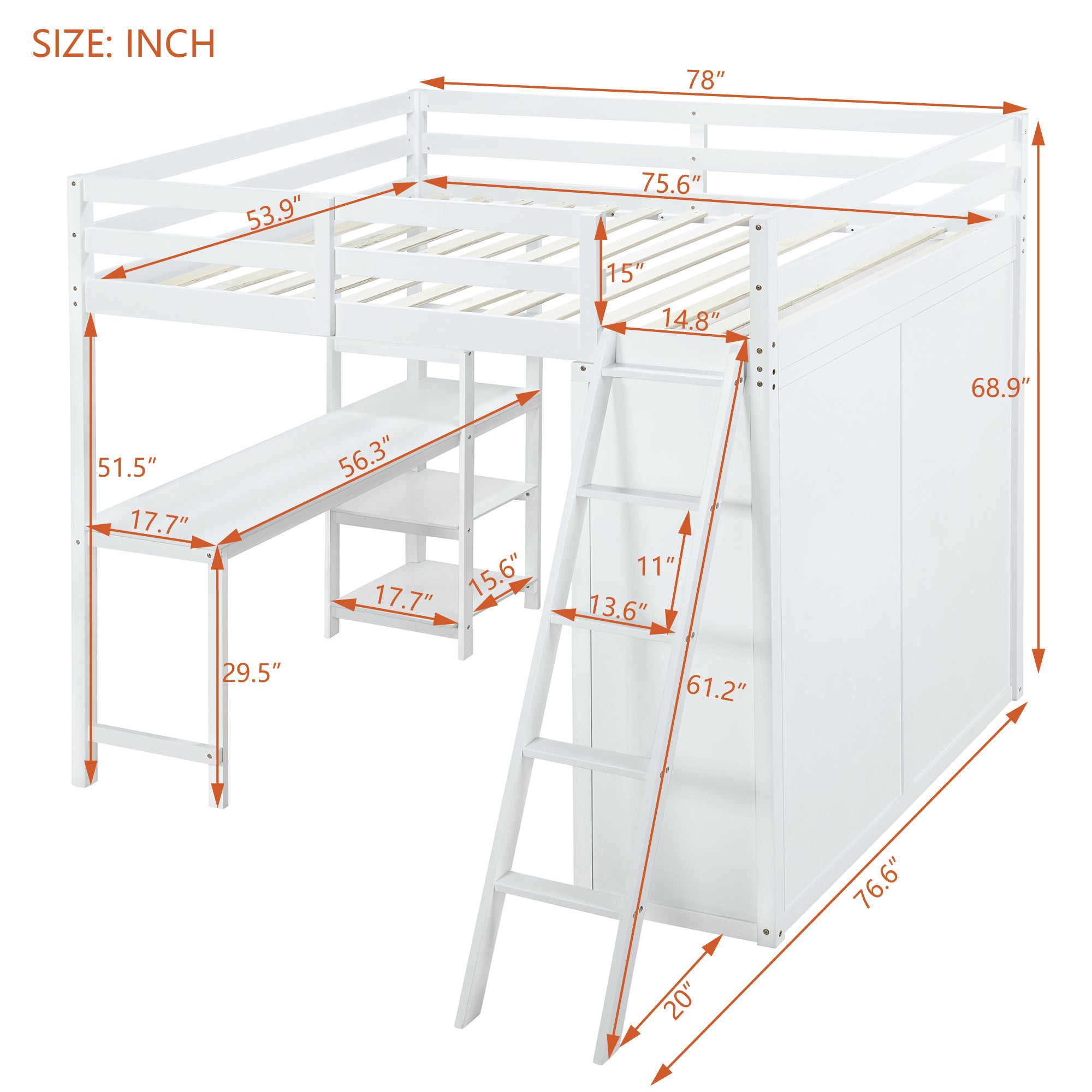 Full Size Loft Bed with Wardrobe and Desk and Shelves, White - Atlantic Fine Furniture Melbourne FL