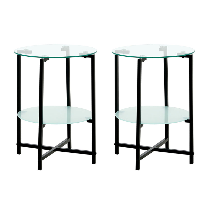 JWS Tempered Glass End Table (Set of 2) , Round Coffee Table For Bedroom Living Room Office - Black