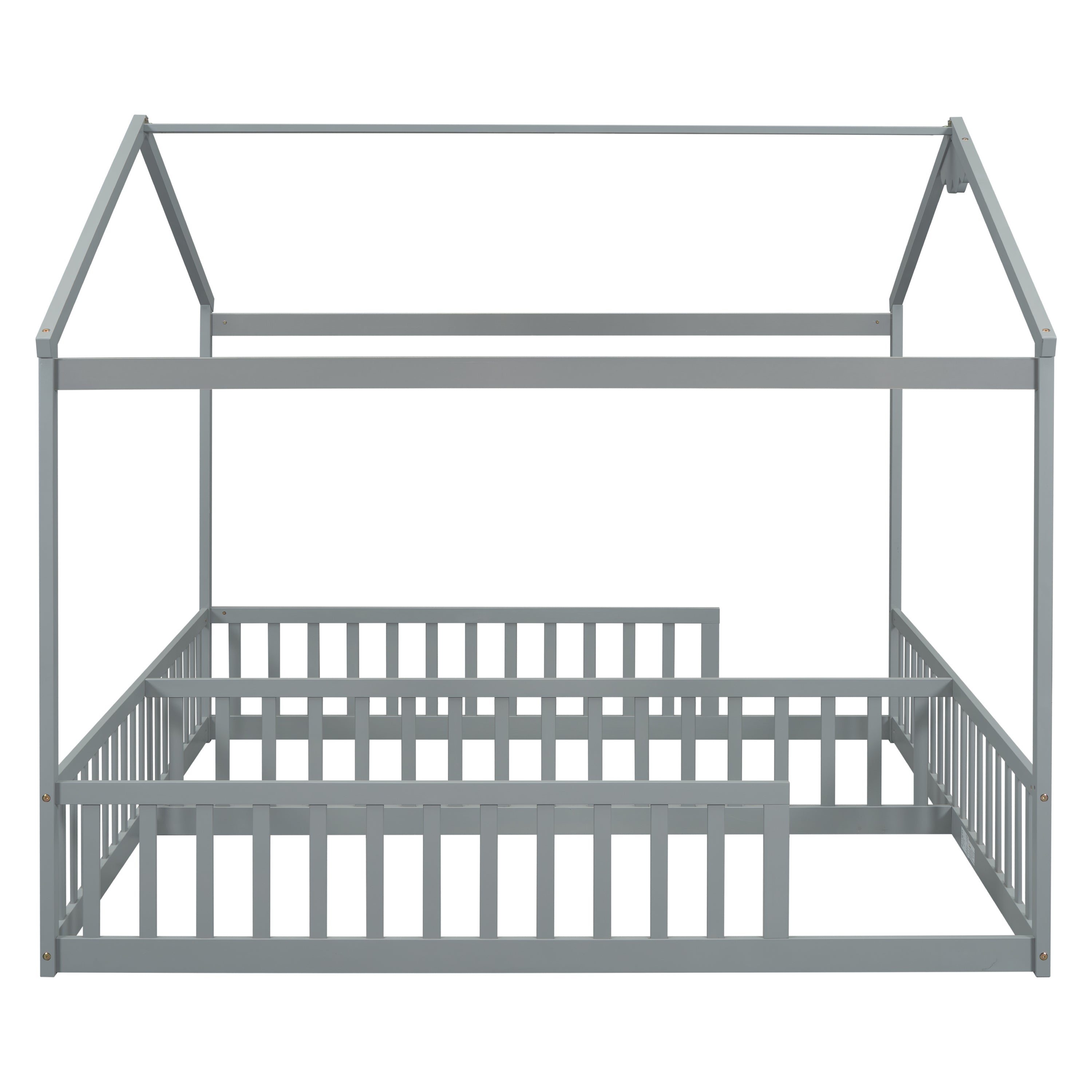 Double Twin House-Style Floor Bed with Fence, Guardrails, without door, Grey