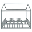 Double Twin House-Style Floor Bed with Fence, Guardrails, without door, Grey