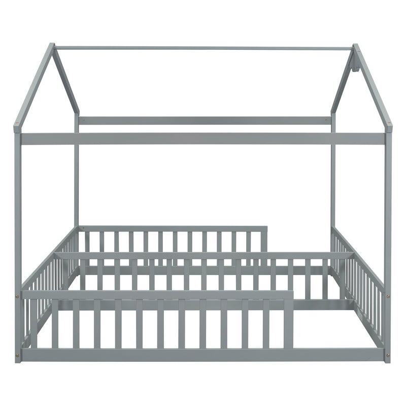 Double Twin House-Style Floor Bed with Fence, Guardrails, without door, Grey
