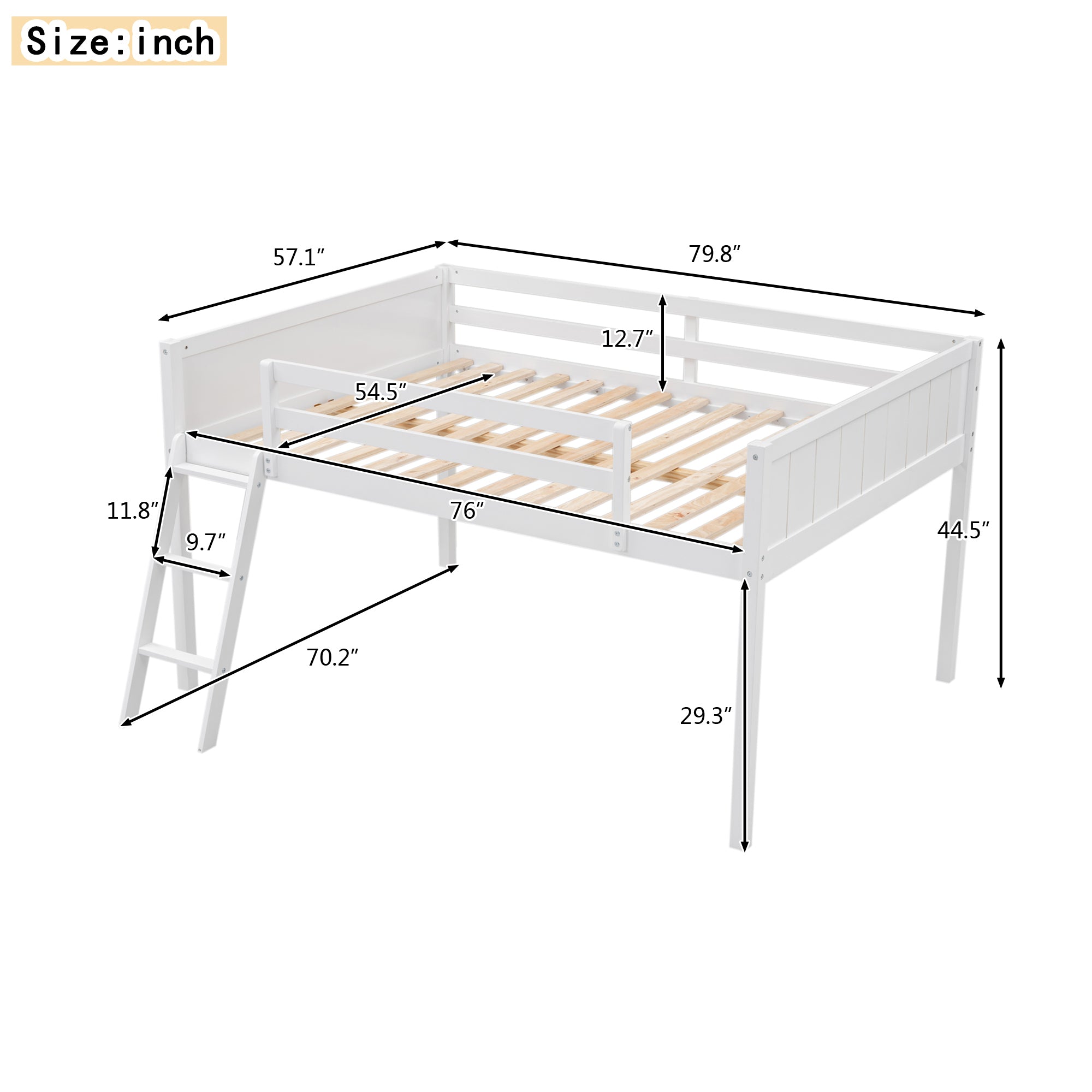 Full Size Wood Loft Bed with Ladder, ladder can be placed on the left or right, White - Atlantic Fine Furniture Melbourne FL