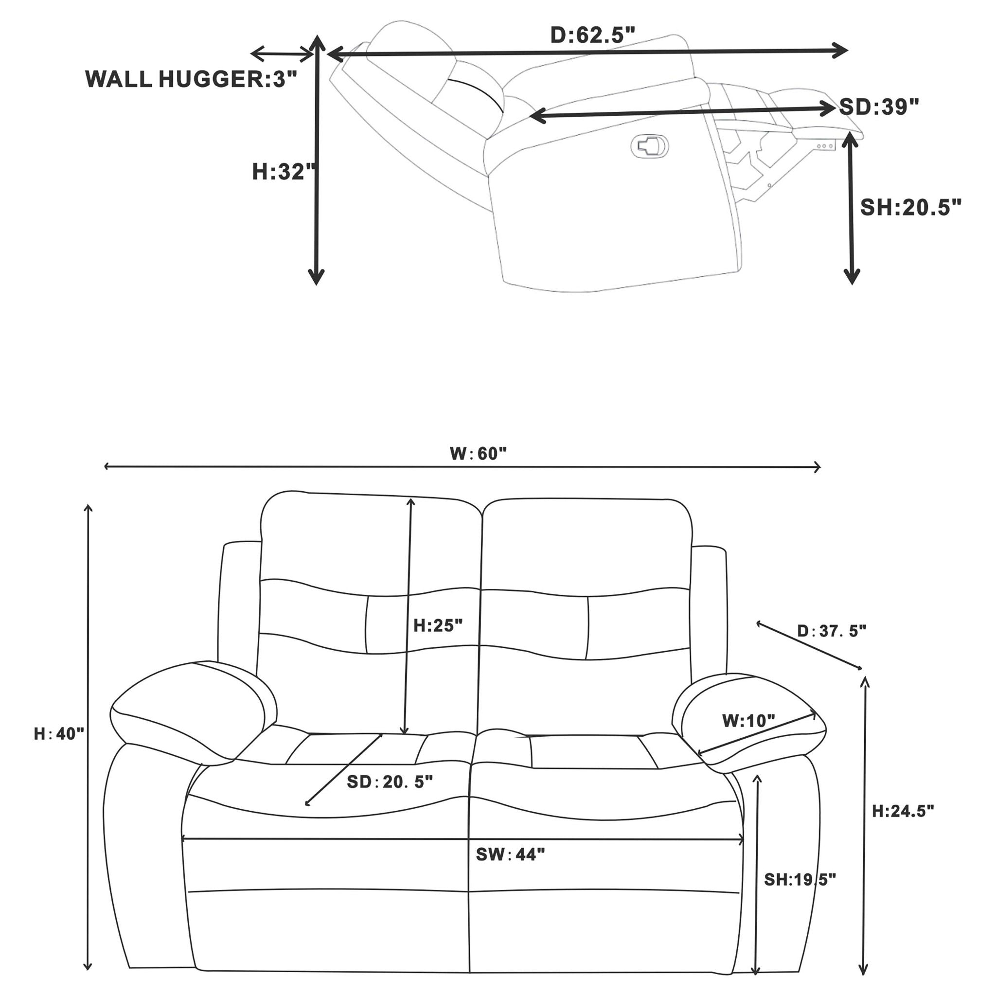 Nova Upholstered Padded Arm Reclining Loveseat Dark Grey - Atlantic Fine Furniture Melbourne FL