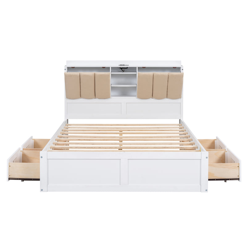 Wood Full Size Platform Bed with Storage Headboard and 4 Drawers, White