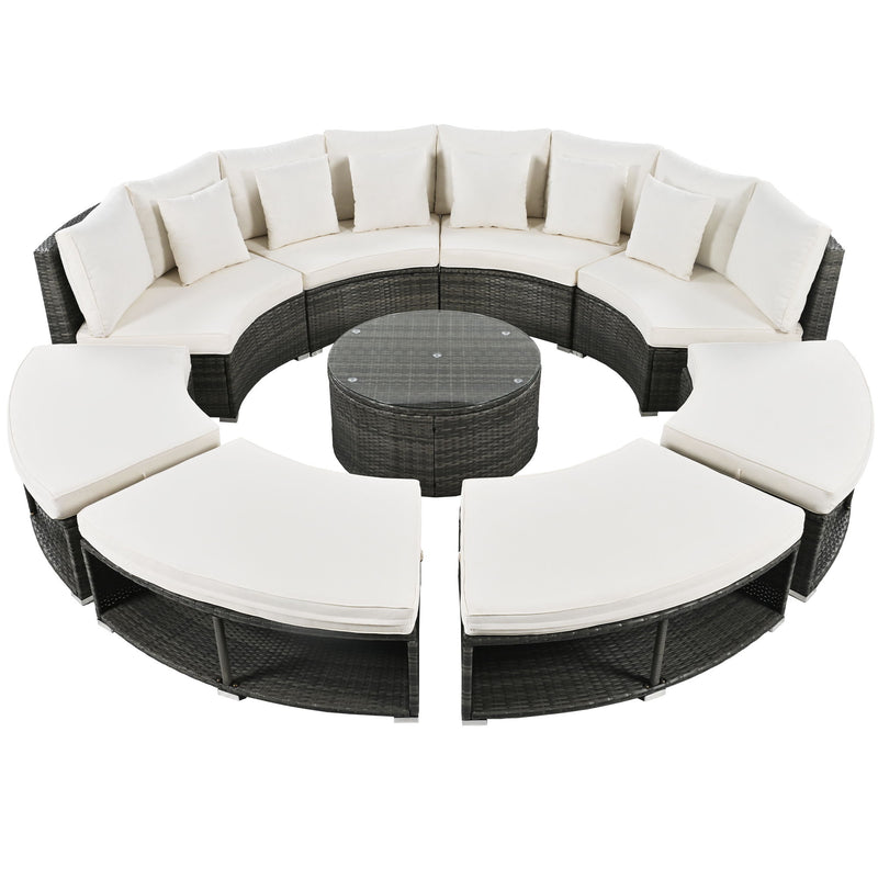 Outdoor Patio Furniture Luxury Circular Sofa Set Rattan Wicker Sectional Sofa Lounge Set With Tempered Glass Coffee Table, 6 Pillows