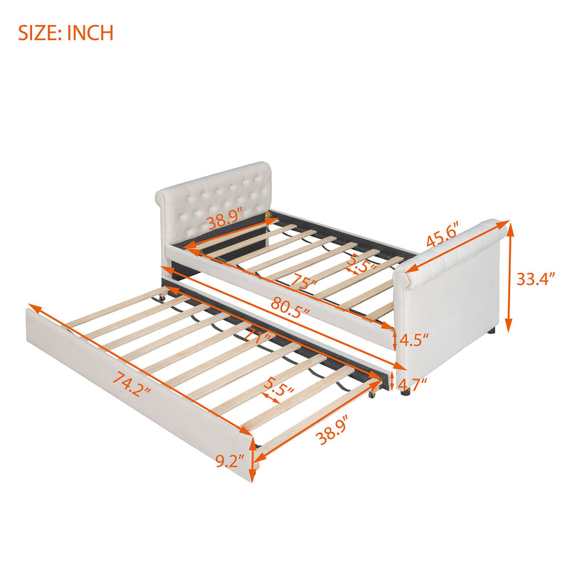 Upholstered Daybed With Trundle, Wood Slat Support