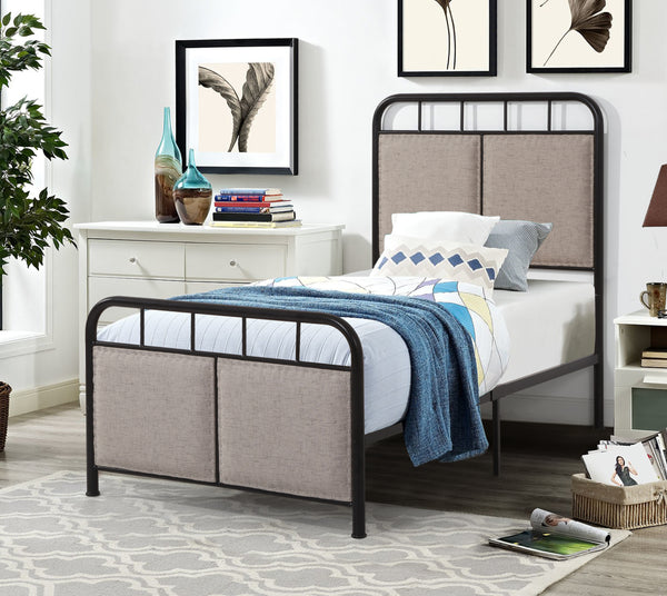 Twin Size Linen Upholstered Platform Metal Bed Frame with  fabric Headboard and Footboard